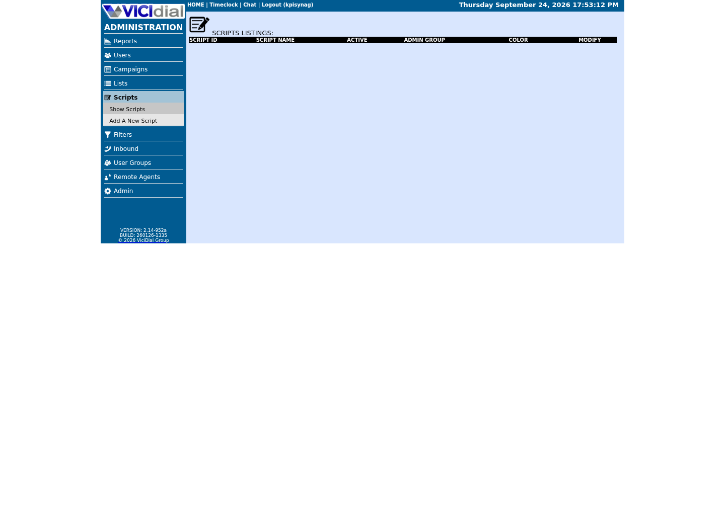 Sanitized VICIdial Scripts Listings page showing where agent-visible scripts are managed
