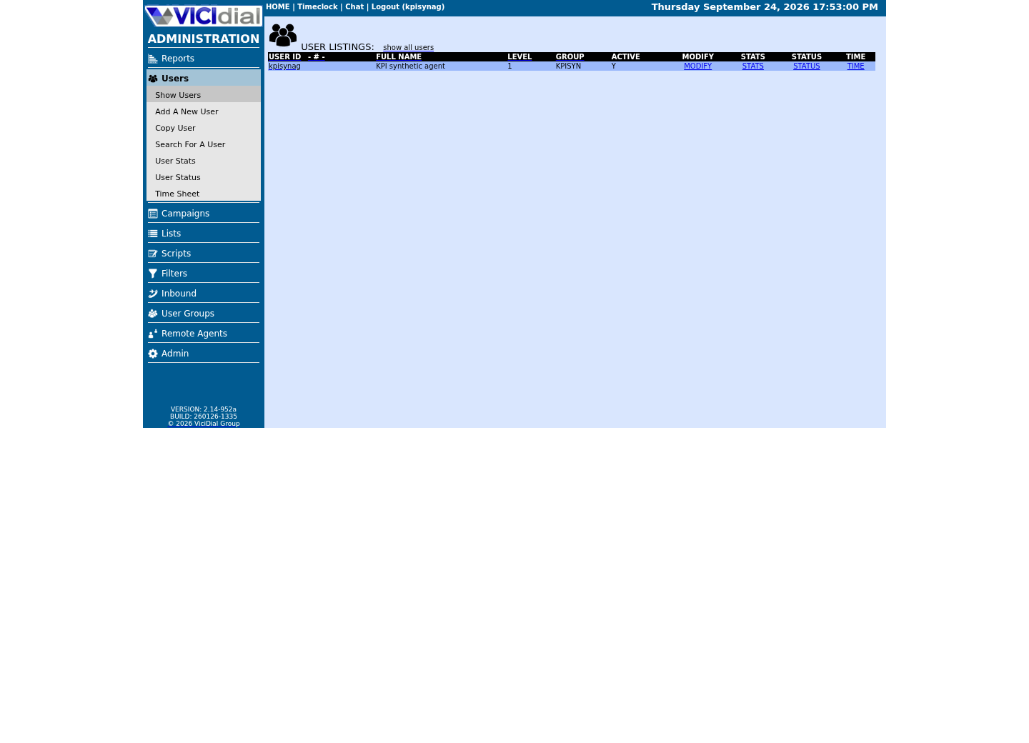 Sanitized VICIdial User Listings page showing only the fixture agent account