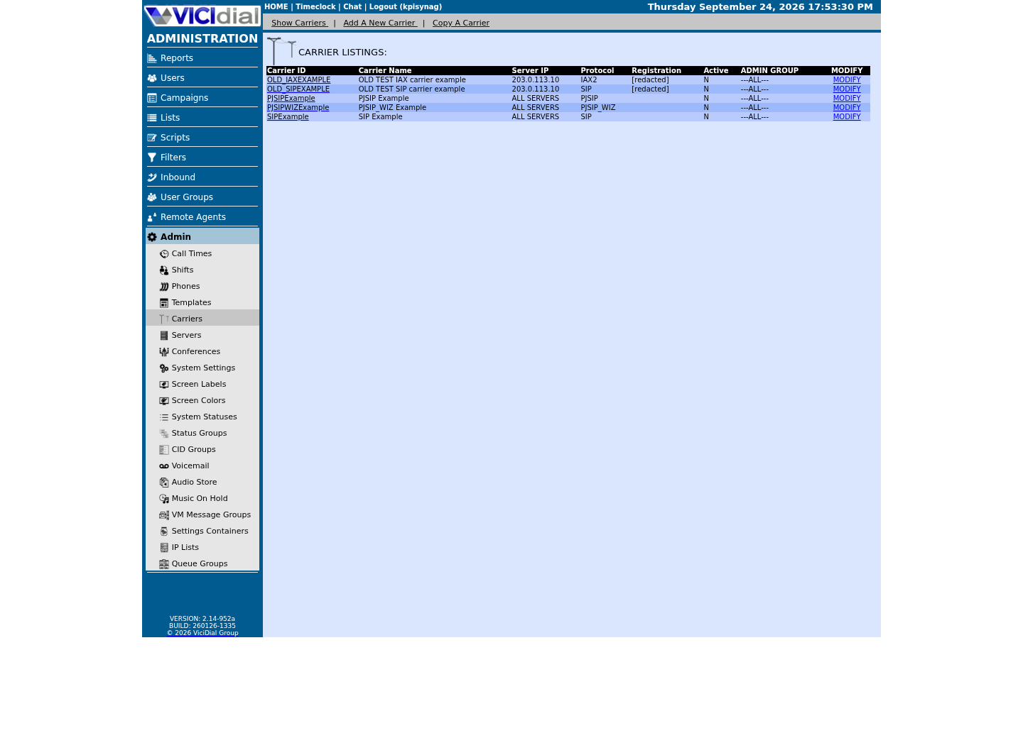 Sanitized VICIdial Carrier Listings page showing only the stock example carriers
