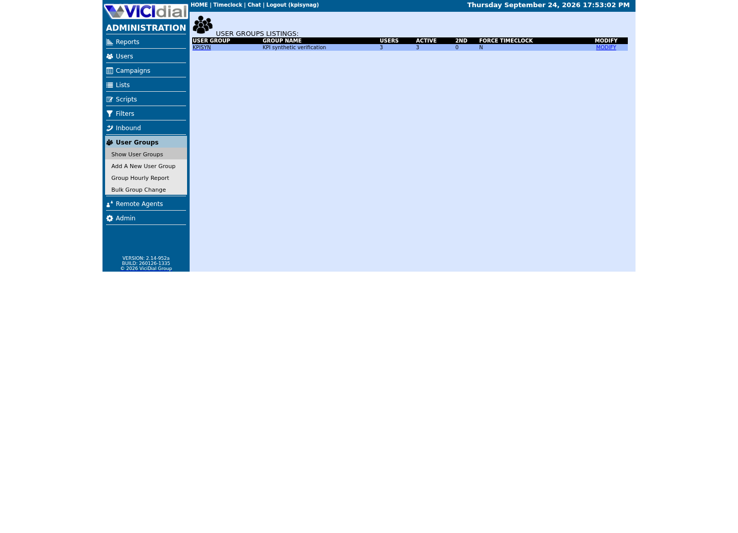 Sanitized VICIdial User Groups Listings page showing the fixture user group
